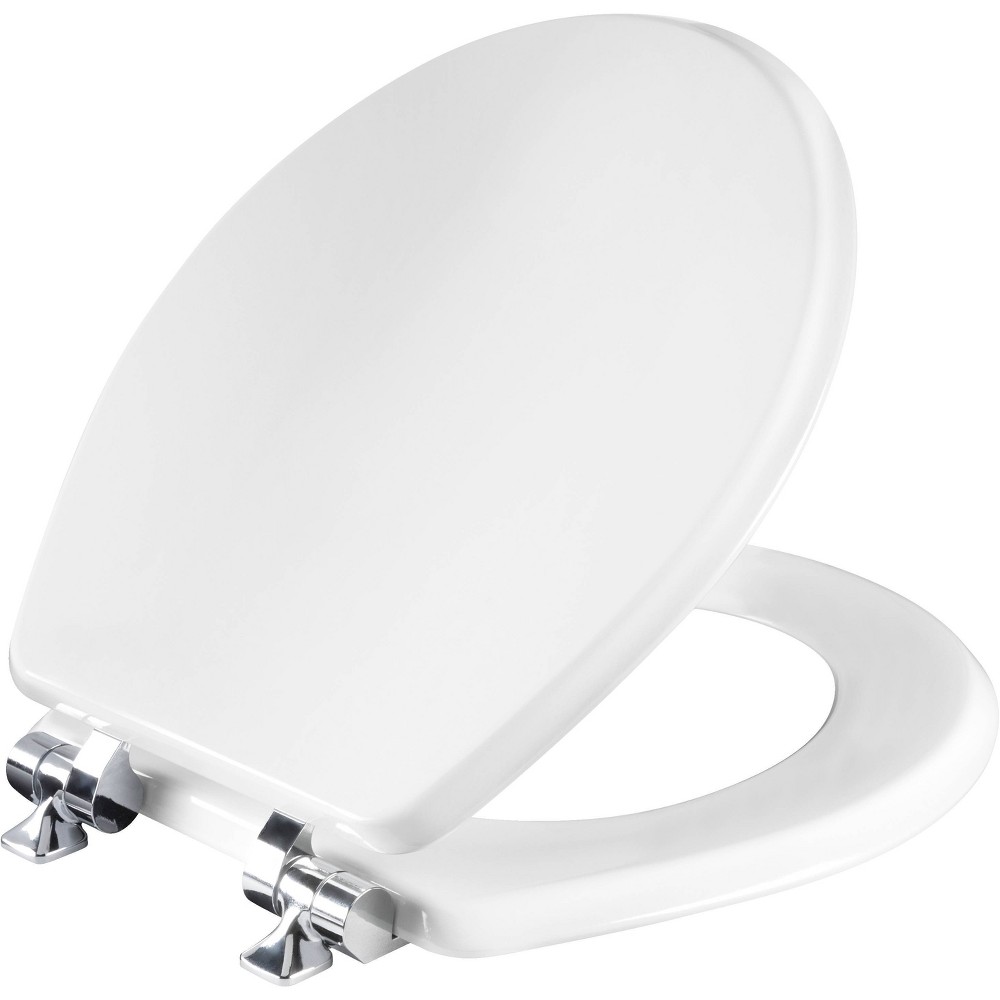 Mayfair Benton? Round Enameled Wood Toilet Seat in White with STA-TITE? Seat Fastening System? and Whisper•Close? Chrome Hinge