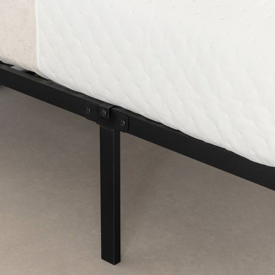 Queen Black Metal Frame Bed with Beige Upholstered Headboard