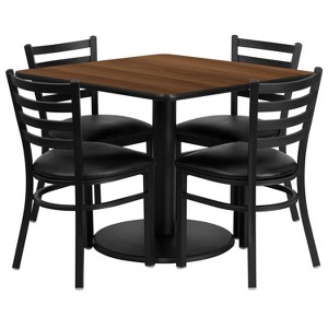 Flash Furniture 36'' Square Walnut Laminate Table Set with Round Base and 4 Ladder Back Metal Chairs - Black Vinyl Seat - 1 of 2