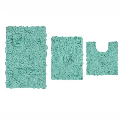 Set Of 3 Bell Flower Collection Turquoise Cotton Floral Pattern Tufted ...