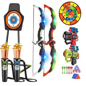 2 Pack Bow and Arrow Toy, Light Up Archery Toy with Cup Suction Standing Target & 29 in Dart Board Toys for Kids 5-12 Year - 1 of 4