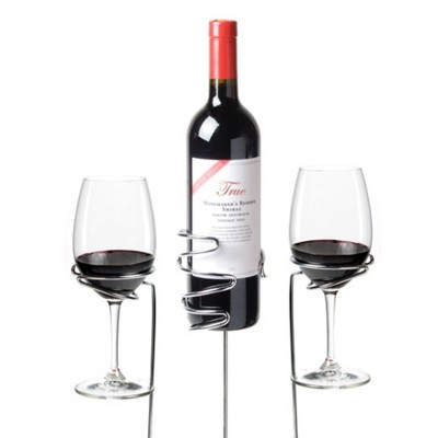 True Picnic Stix Wine Glass & Bottle Holders - Outdoor Wine Glass Beer Cup Drink Holder  - Set of 3 (Pack of 1), Fits 2 Glasses and 1 Bottle, Metallic