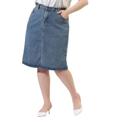 Agnes Orinda Women's Plus Size Denim Skirts Button Front Elastic Waist Back Split Pencil Jean Skirt