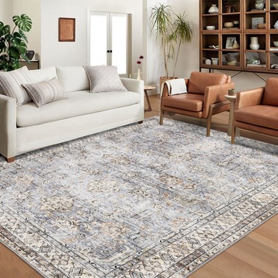 Indoor Soft Vintage Flower Area Rugs for Living Room Bedroom Washable Low Pile Non Slip Carpet Retro Distressed Rug Room Decor