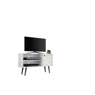 Sleek White Mid-Century Modern TV Stand with Cabinet and Shelves
