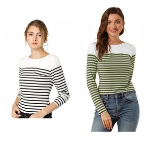 Allegra K Women's Color Block Round Neck Long Sleeves Striped Basic T-Shirt 2 Packs - 1 of 4