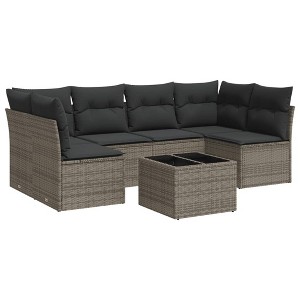 vidaXL 7 Piece Patio Sofa Set with Cushions Gray Poly Rattan - With Table - 1 of 4