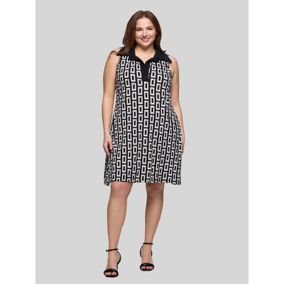 24seven Comfort Apparel Plus Size Black and White Sleeveless Collared Mini Dress