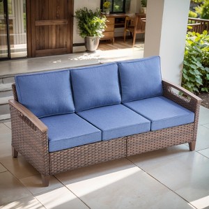 POCASSY Outdoor Sofa Patio Couch, All Weather Brown Wicker 3-Seater Outdoor Furniture Sofa with Dark Brown Hand-Brushed Arms & Comfort 4" Cushion - 1 of 4