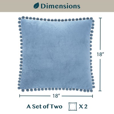 Dusty Blue Velvet Euro Pillow Covers with Pom Pom Fringe, 18x18 Set
