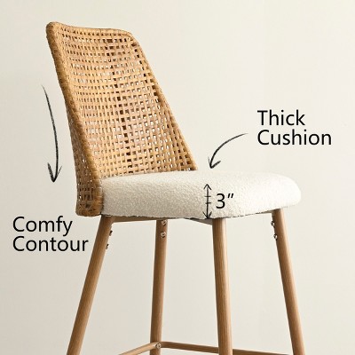 Oak and Rattan Upholstered Counter Stools, Set of 2