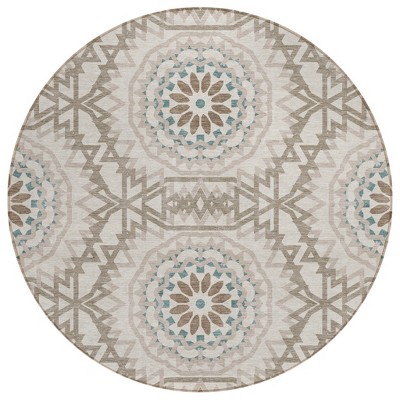 Beige Brown And Teal Blue Floral Medallion Washable Indoor Outdoor Area Rug