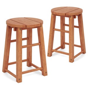 Tangkula Outdoor Wood Bar Stools Set of 2 w/Round Seat Footrest Patio Backless Barstools - 1 of 4