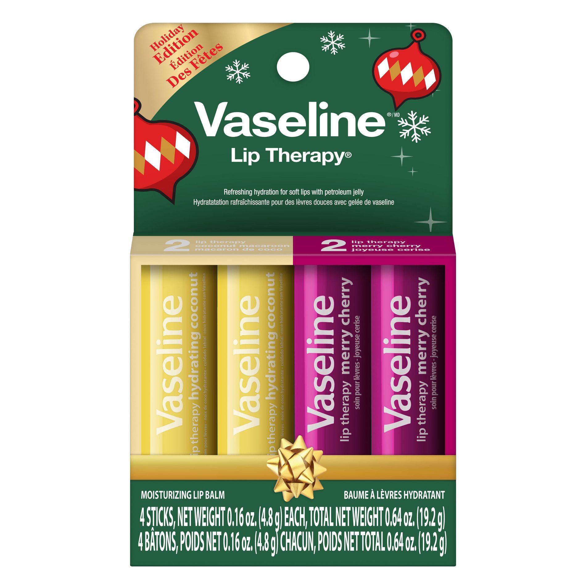 Vaseline Moisturizing Holiday Limited Edition Lip Therapy Stick Gift Collection - 4pk/0.8oz