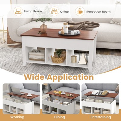 Contemporary White and Brown Rectangular Lift-Top Coffee Table with Storage