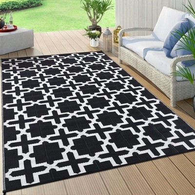 Black White 6'x9' Outdoor Washable Carpet, Plastic Straw Carpet Lightweight Waterproof, Reversible Patio Carpet for Deck Balcony Beach RV
