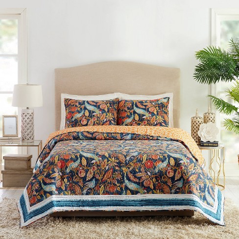 3pc Full queen Peacock Garden Quilt Sham Set Blue orange Dena Home Cotton Bedding Set Botanical Pattern Target