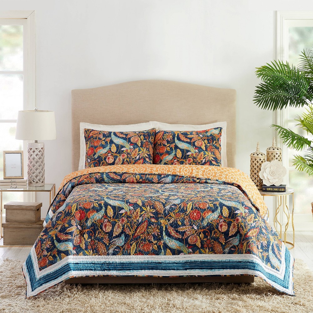 Photos - Bed Linen 3pc King Peacock Garden Quilt & Sham Set Blue/Orange - Dena Home: Cotton Fabric, Botanical Pattern, Year-Round Comfort