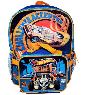Hot Wheels Backpack with Lunchbox Set for Boys Kids ~ 2 Pc Bundle with Deluxe 16" Hot Wheels Racecar Backpack and Insulated Lunch Bag with Stickers