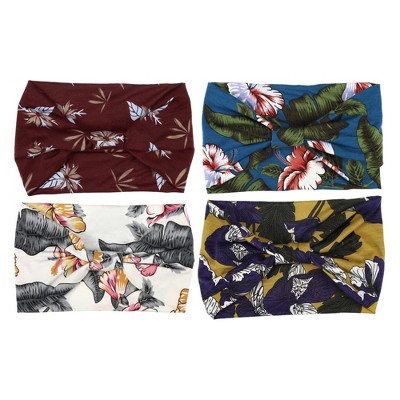 Unique Bargains Women's Printed Wide-side Knotted Headwrap Yellow Purple White Gray Red Brown Blue Green 4 Pcs