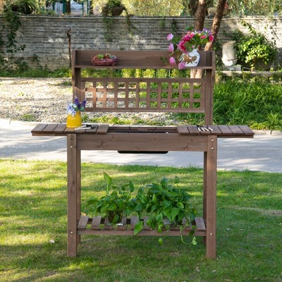 Brown Fir Wood Garden Potting Bench with Sliding Tabletop and Storage