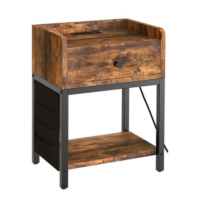 FABATO End Table and Nightstand w/ USB Charging Station and Power Supply Cord for Living Rooms and Bedrooms, Side Storage Bag Included, Rustic Brown
