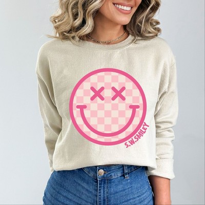 Simply Sage Market S.W.Smiley Pink Checker Smiley Face Sweatshirt