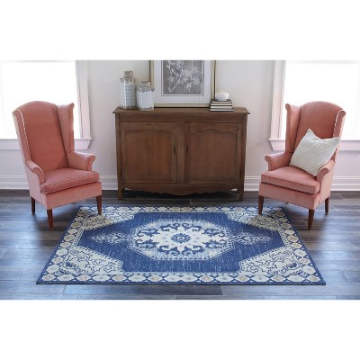 Navy Blue Wool Blend Medallion Area Rug, 7'9" x 9'10"