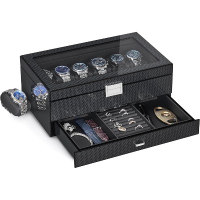 12 Slot Wooden Watch Box with Large Glass Lid, 2-Layer Watch Display Case with Drawer Watch Storage