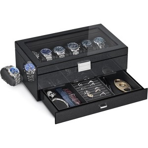 12 Slot Wooden Watch Box with Large Glass Lid, 2-Layer Watch Display Case with Drawer Watch Storage - 1 of 4
