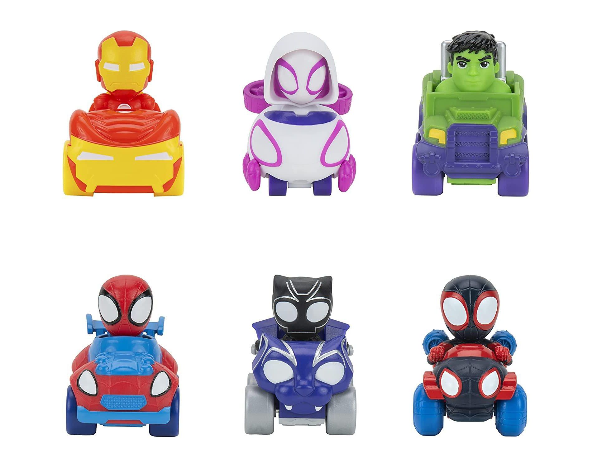 Marvel Spidey and His Amazing Friends 6-Pack Mini Vehicles, Six 2-Inch Rolling Cars Featuring Spidey, Ghost-Spider, Miles Morales, Hulk & More