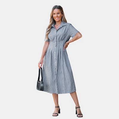 Women's Striped Button-Down Cinched Waist Shirt Dress - Cupshe