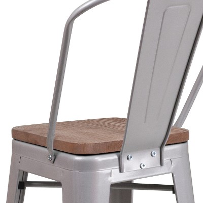 Silver Metal Counter Stool with Curved Slatted Back and Textured Wood Seat