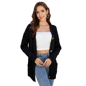 Whizmax Women Overized Open Front Knitted Long Sleeve Button Down Chunky Colorblock Outwear Cardigan with Pocket Black L - 1 of 4