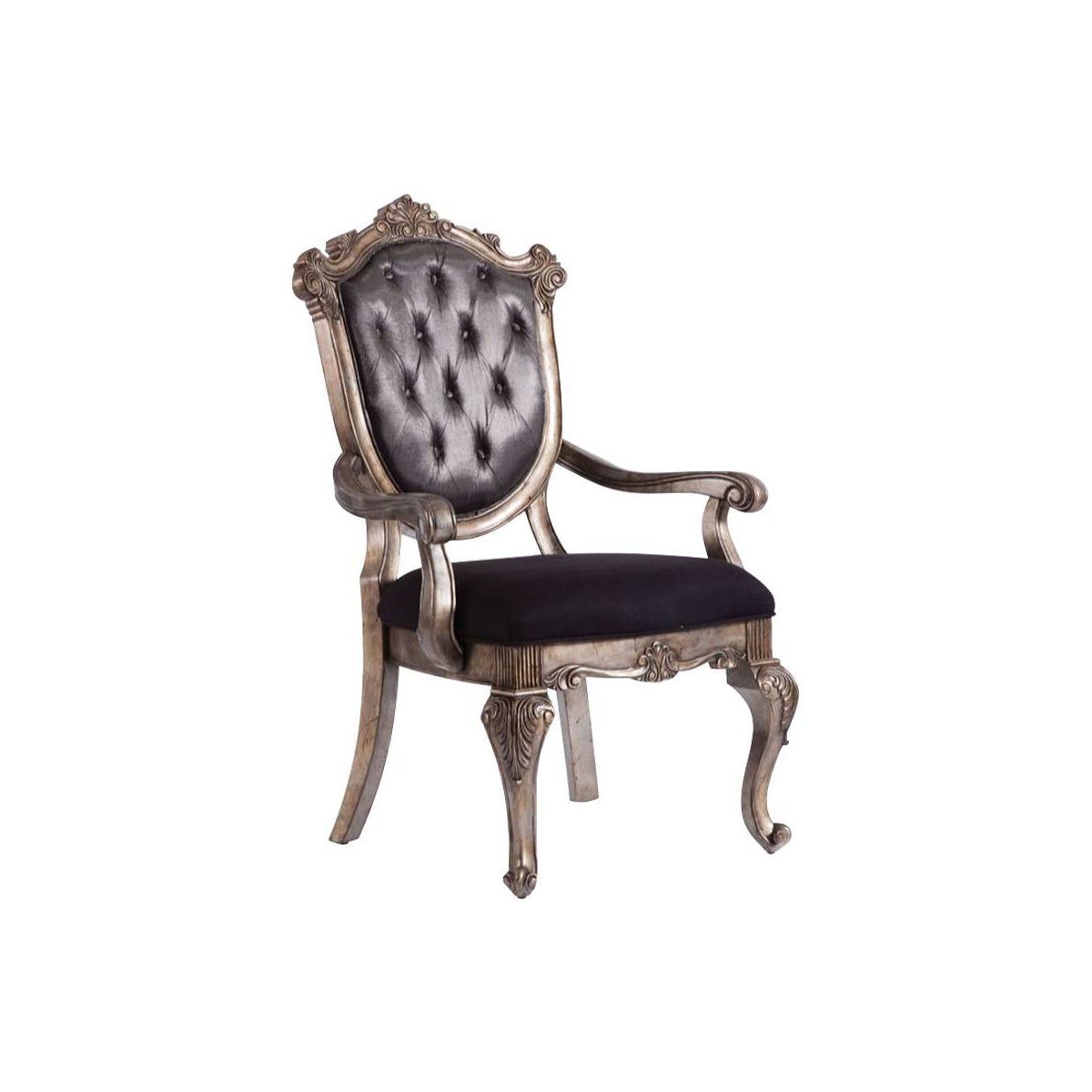 26" Chantelle Dining Chair Silver Gray Silk-Like Fabric and Antique Platinum Finish - Acme Furniture: Elegant Tufted Back, Faux Leather Armrests