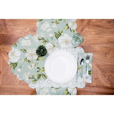 Magnolia Garden Blue Cotton Quilted Floral Table Runner