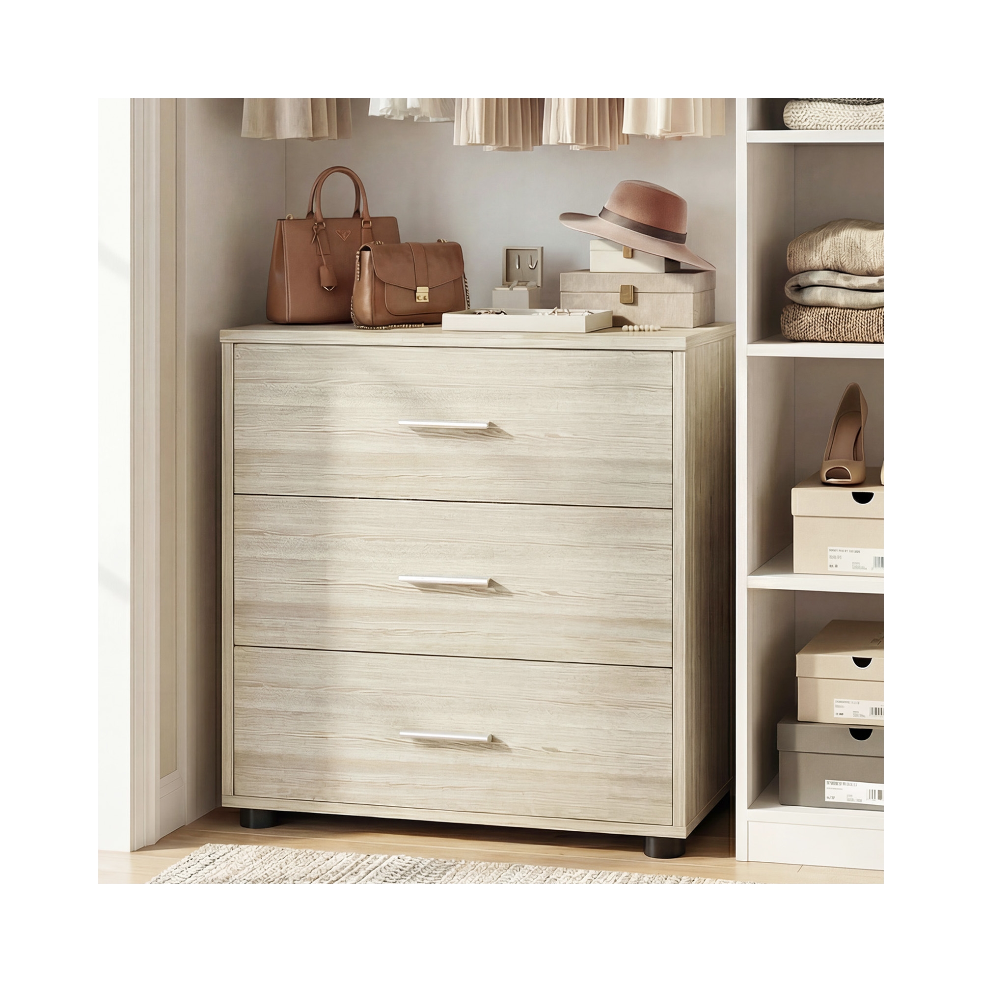 Besiost Closet Cabinet with 3-Drawers, Dresser with Food Pads, Nightstand, Beige Oak