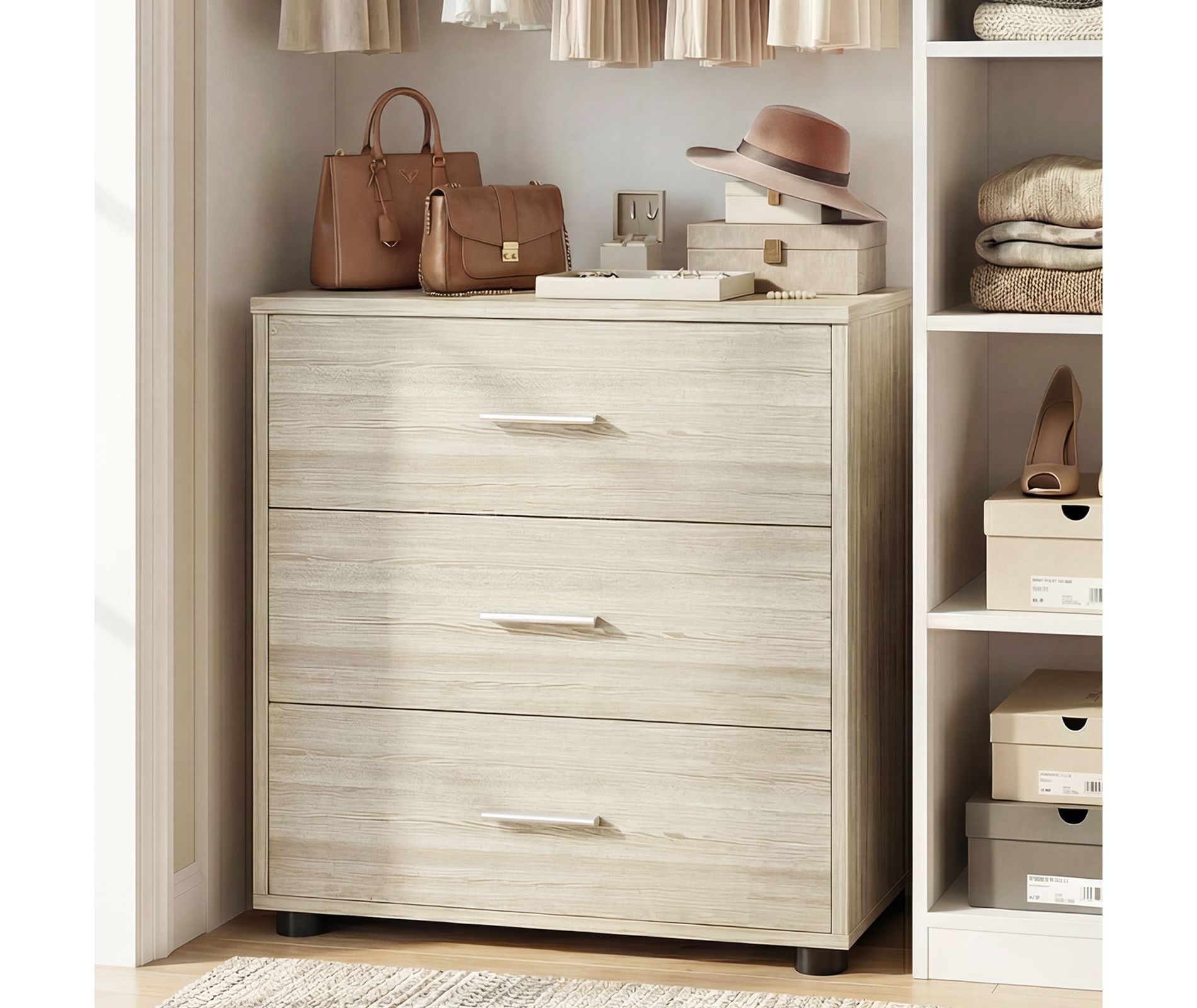 Besiost Closet Cabinet with 3-Drawers, Dresser with Food Pads, Nightstand