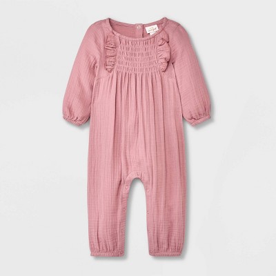 Image of Baby Girls' Solid Long Sleeve Romper - Cat & Jack™ Rose Pink 3-6M