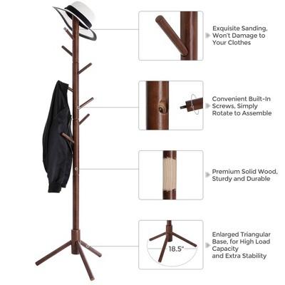 VASAGLE Dark Walnut Solid Wood Tree-Shaped Coat Rack with 8 Hooks