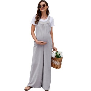 WhizMax Women Maternity Summer Casual Loose Jumpsuit Sleeveless Tie Loose Jumpsuit with Pockets Workwear - 1 of 4