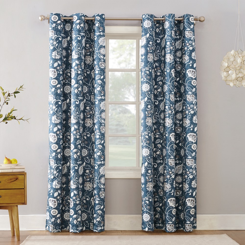 Photos - Curtains & Drapes 63"x40" Jorah Botanical Print Thermal Insulated Grommet Curtain Panel Blue