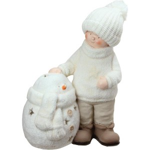 Northlight Snowman with Standing Boy Christmas Tealight Candle Holder - 17.25" - White - 1 of 1