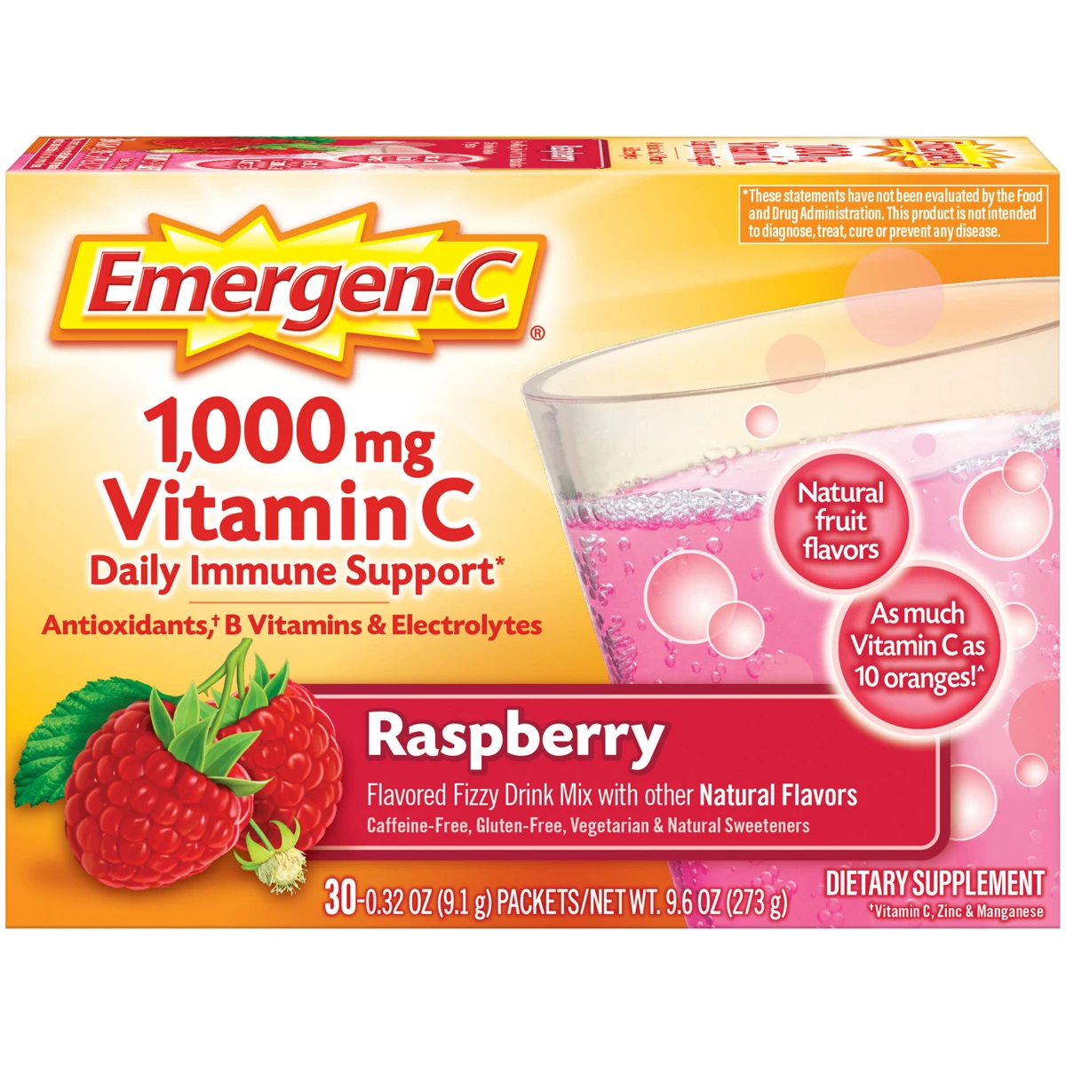 Emergen-C Vitamin C Dietary Supplement Drink Mix Powder - Raspberry - 30ct: 1000mg, Gluten-Free, Caffeine-Free