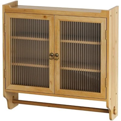 Rustic Wall Cabinet with Glass Doors, 3-Tier Bathroom Storage Cabinet with Towel Rack and Adjustable Shelves, Vintage Brown, for Kitchen, Living Room