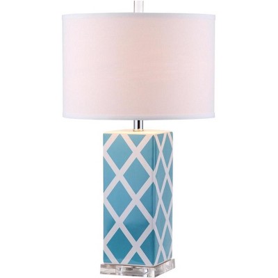 Garden Lattice Light Blue Ceramic Table Lamp Set with White Cotton Shade
