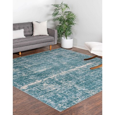 Turquoise and Ivory Square Abstract Wool Area Rug