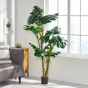 Okak Indoor Artificial Monstera Tree with Grossy Leaves and Rough Trunk, Indoor Faux Plants with Pre-Potted Design, Fake Plants for Indoor, Green - 1 of 4