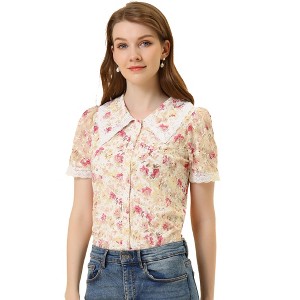 INSPIRE CHIC Women's Peter Pan Collar Lace Trim Embroidered Casual Floral Blouse - 1 of 4