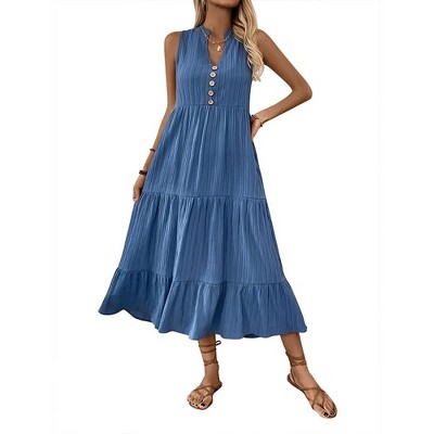 Coolmee Womens Summer Sleeveless Button V Neck Maxi Dress Casual A-Line Flowy Tiered Boho Long Beach Dresses